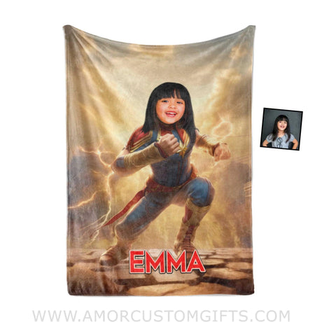 Blankets Personalized Superhero Girl Captain Blanket | Custom Name & Face Girl Blanket