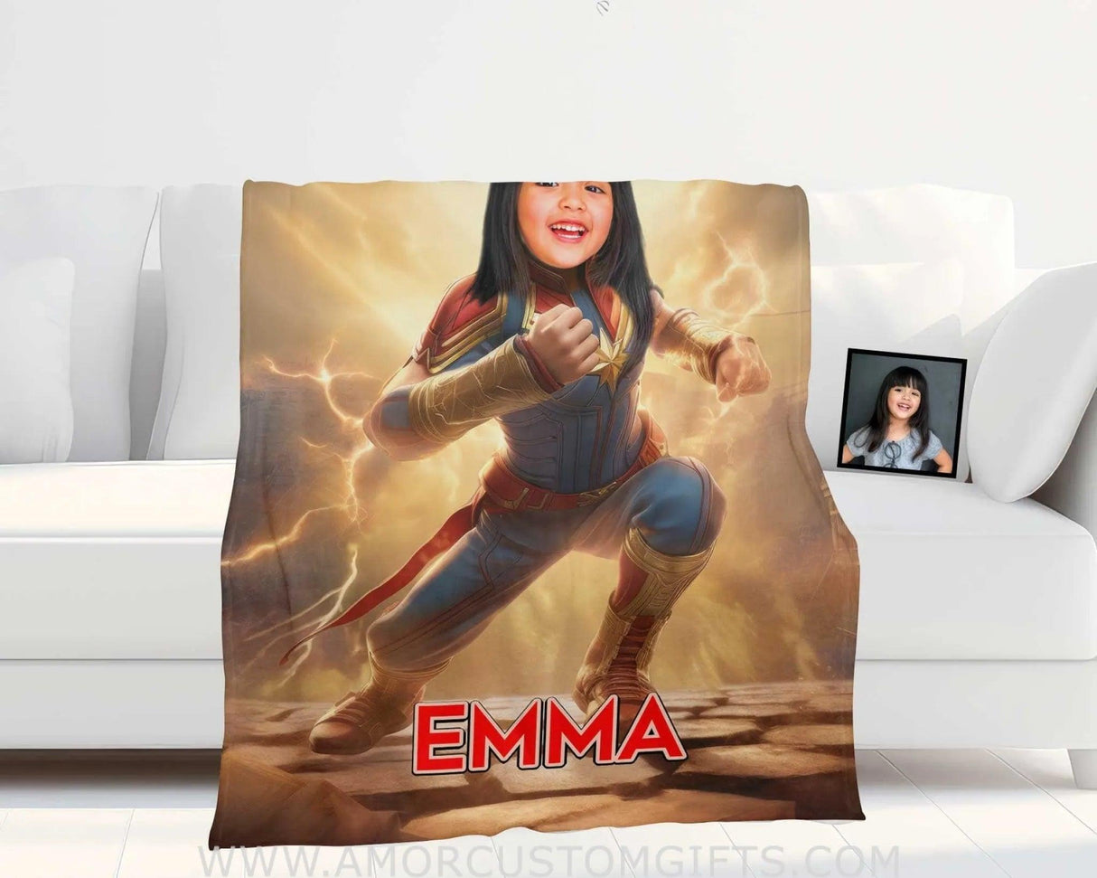 Blankets Personalized Superhero Girl Captain Blanket | Custom Name & Face Girl Blanket