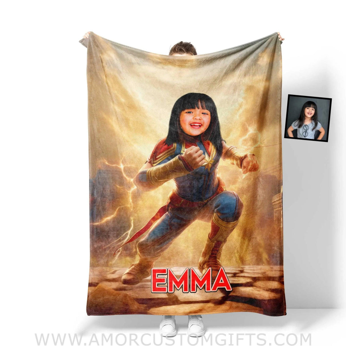 Blankets Personalized Superhero Girl Captain Blanket | Custom Name & Face Girl Blanket