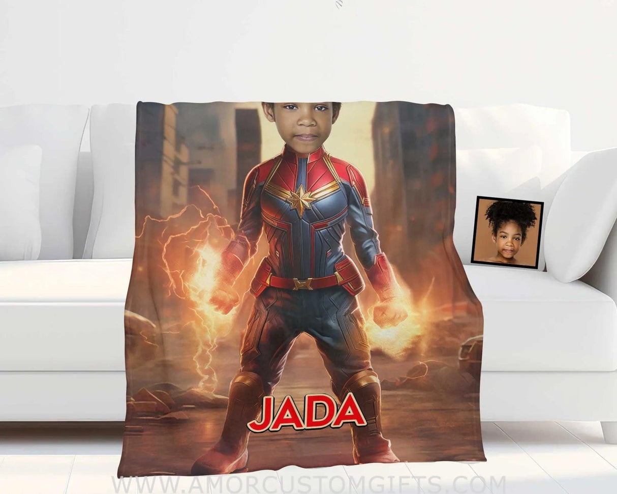 Blankets Personalized Superhero Girl Captain Photo Blanket | Custom Name & Face Girl Blanket