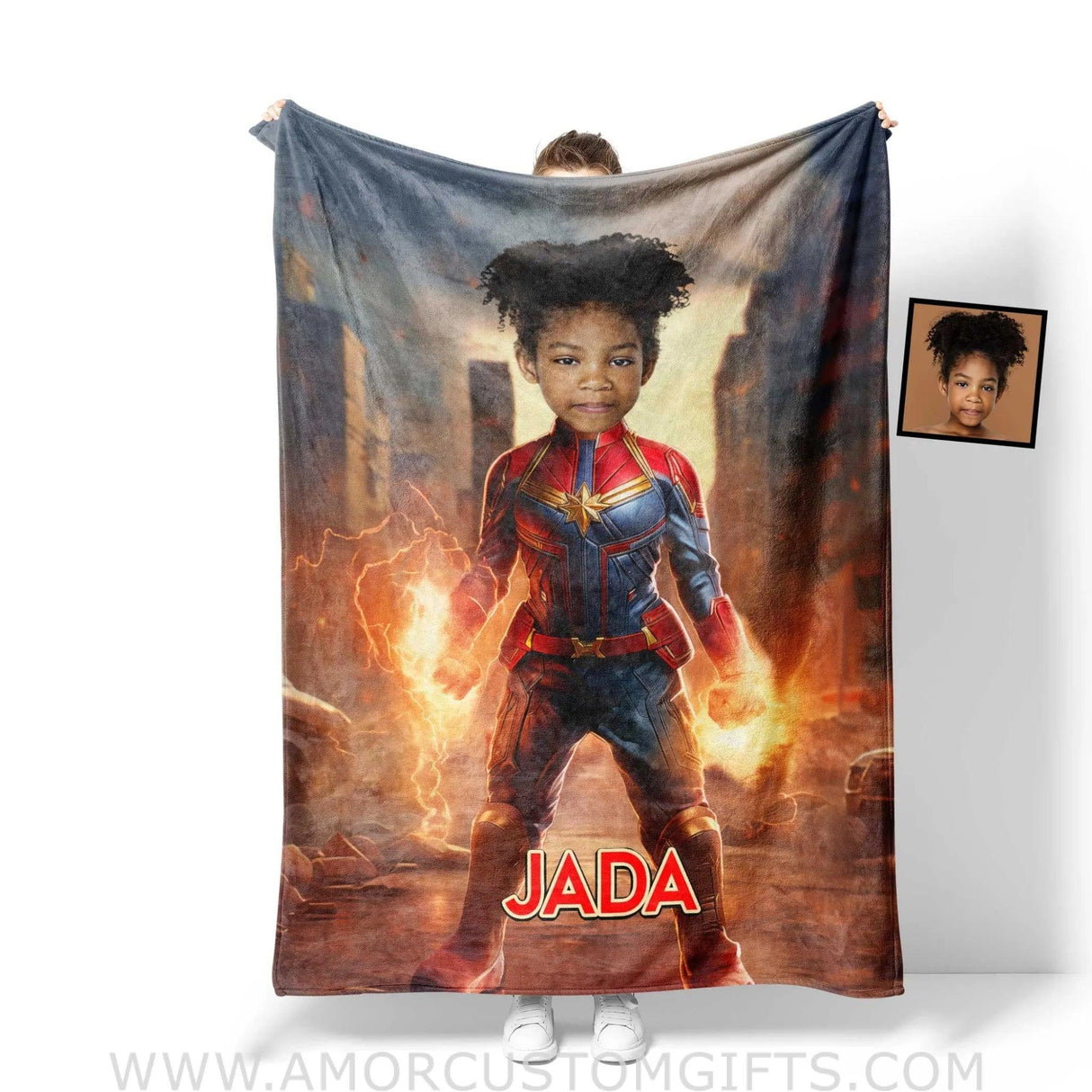 Blankets Personalized Superhero Girl Captain Photo Blanket | Custom Name & Face Girl Blanket