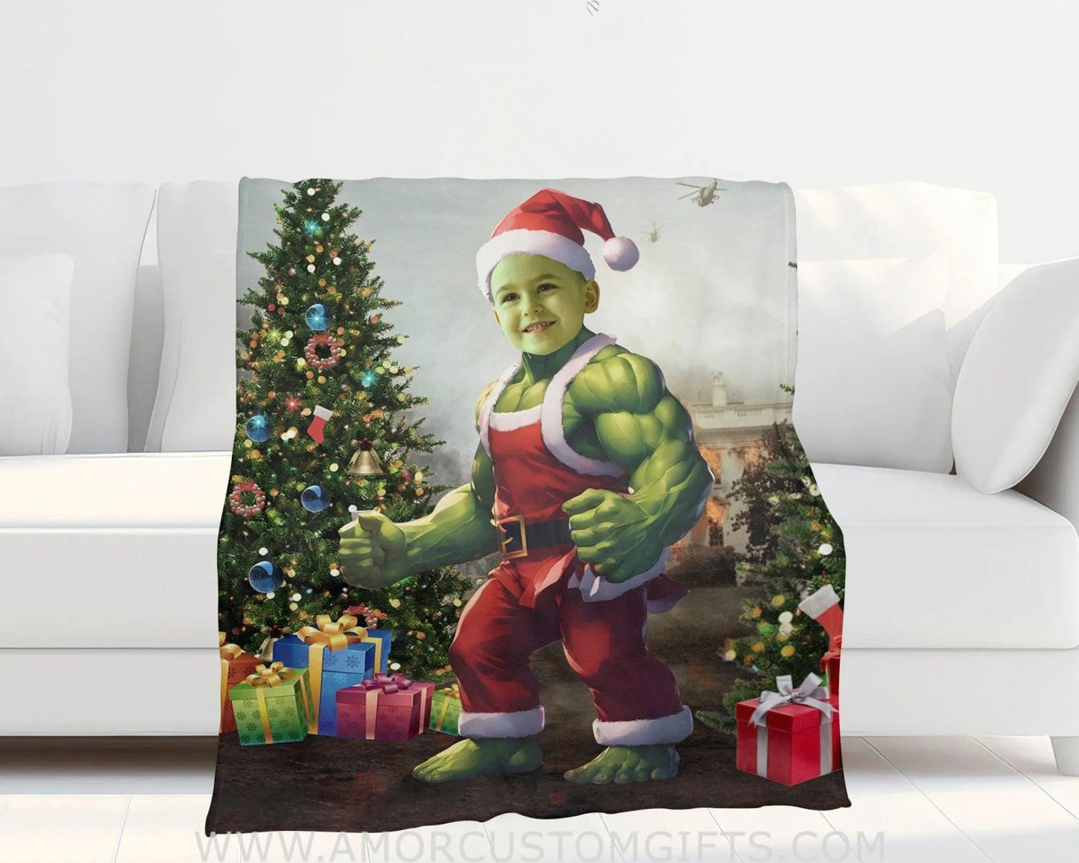 Blankets Personalized Superhero Green Hulk Xmas Boy Blanket | Custom Face & Name Blanket For Boys