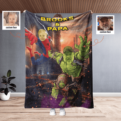 Blankets Personalized Superhero Green Monster And Spider Couple Face Name Blanket