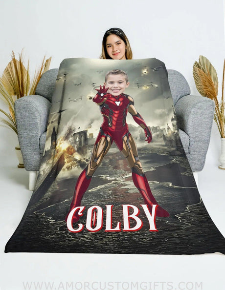 Blankets Personalized Superhero Iron Boy 8 Boy Blanket | Custom Face & Name Blanket For Boys