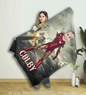 Blankets Personalized Superhero Iron Boy 8 Boy Blanket | Custom Face & Name Blanket For Boys