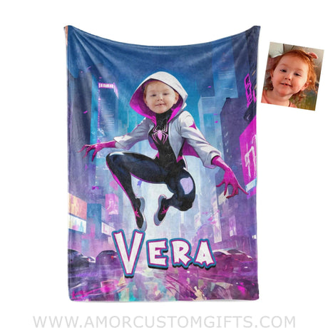 Blankets Personalized Superhero Pink Ghost Spider Girl Gwen Blanket | Custom Name & Face Girl Blanket