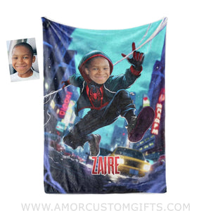 Blankets Personalized Superhero Spider Boy Afro Black Spider Shooting Silk Blanket | Custom Face & Name Superhero Boy Blanket