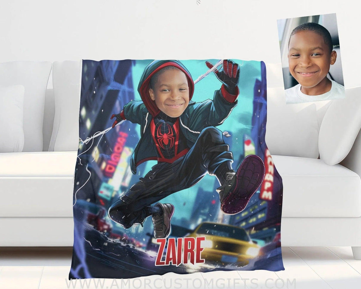 Blankets Personalized Superhero Spider Boy Afro Black Spider Shooting Silk Blanket | Custom Face & Name Superhero Boy Blanket