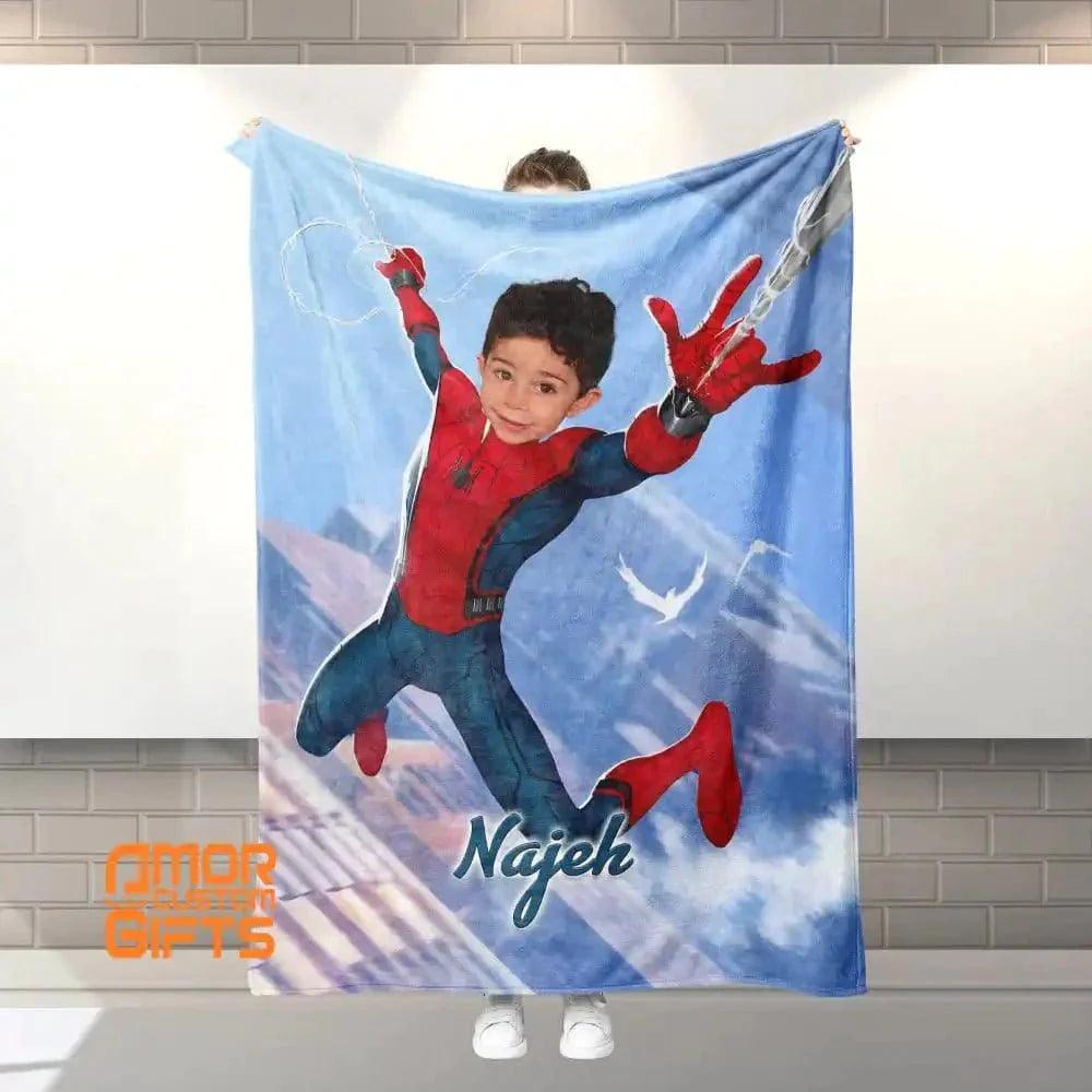 Blankets Personalized Superhero Spider Boy Blanket | Custom Face & Name Boy Superhero Photo Blanket