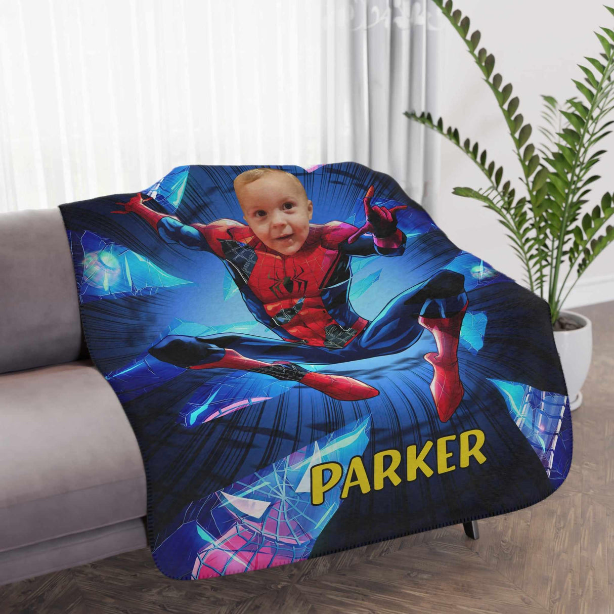 Blankets Personalized Superhero Spider Boy Blanket | Custom Face & Name Boy Superhero Photo Blanket