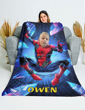 Blankets Personalized Superhero Spider Boy Blanket | Custom Face & Name Boy Superhero Photo Blanket