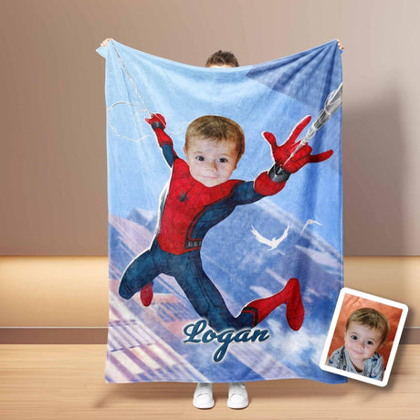 Blankets Personalized Superhero Spider Boy Blanket | Custom Face & Name Boy Superhero Photo Blanket