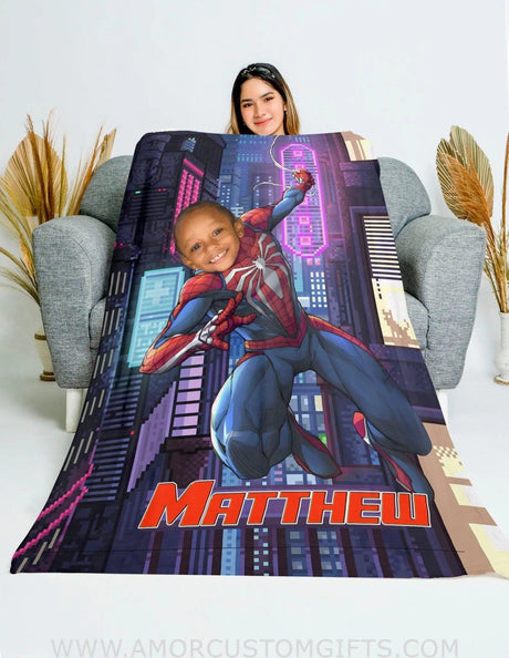 Blankets Personalized Superhero Spider Boy Blanket | Custom Face & Name Superhero Boy Blanket