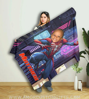 Blankets Personalized Superhero Spider Boy Blanket | Custom Face & Name Superhero Boy Blanket