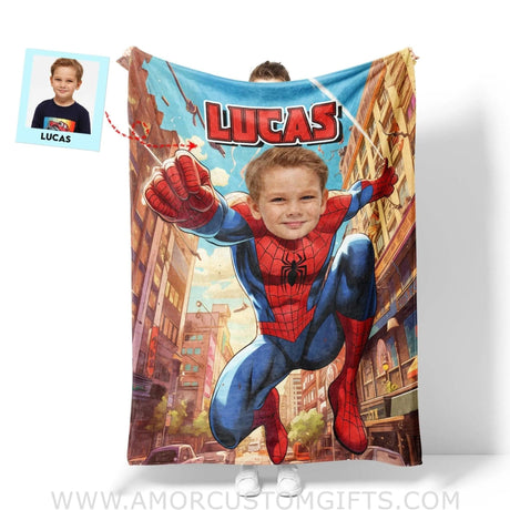 Blankets Personalized Superhero Spider Boy Blanket | Custom Face & Name Superhero Boy Blanket