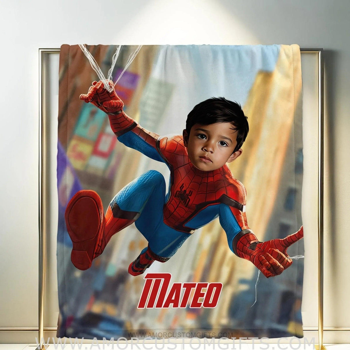 Blankets Personalized Superhero Spider Boy Shoot Silk Blanket | Custom Face & Name Superhero Boy Blanket