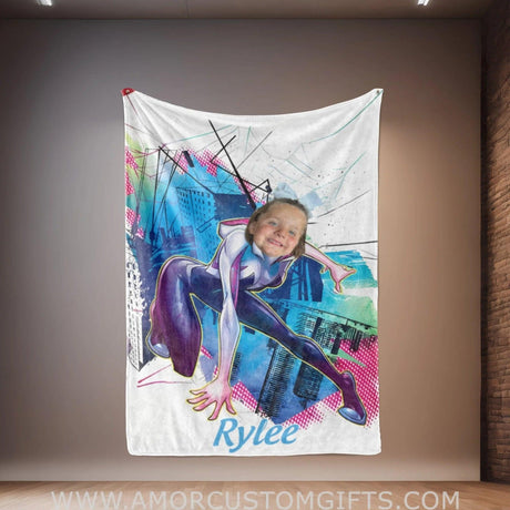 Blankets Personalized Superhero Spider Girl 4 Blanket | Custom Face & Name Superhero Girl Blanket