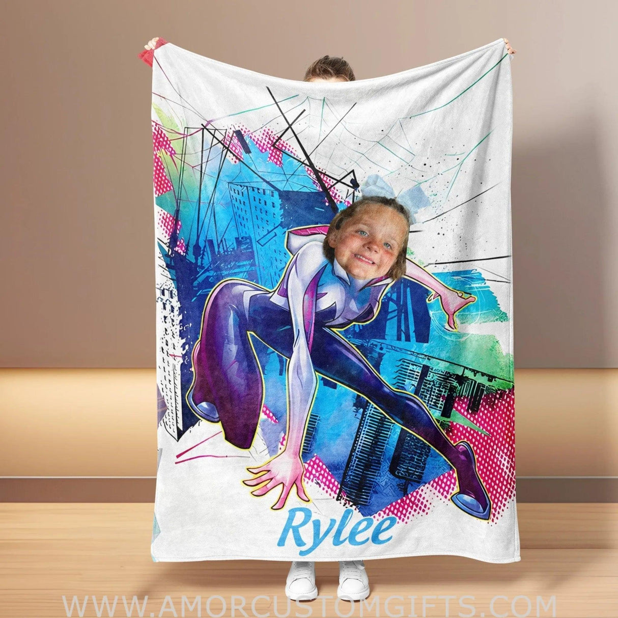 Blankets Personalized Superhero Spider Girl 4 Blanket | Custom Face & Name Superhero Girl Blanket