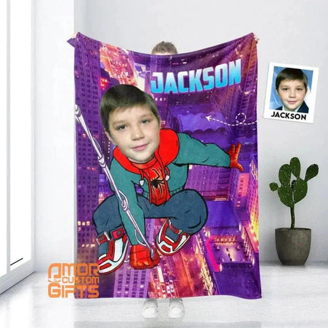 Blankets Personalized Superhero Spider In Vivid City Blanket | Custom Boy Superhero Photo Blanket