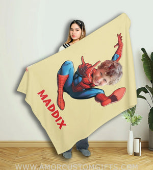 Blankets Personalized Superhero Spider Painting Yellow Boy Blanket | Custom Face & Name Blanket For Boys