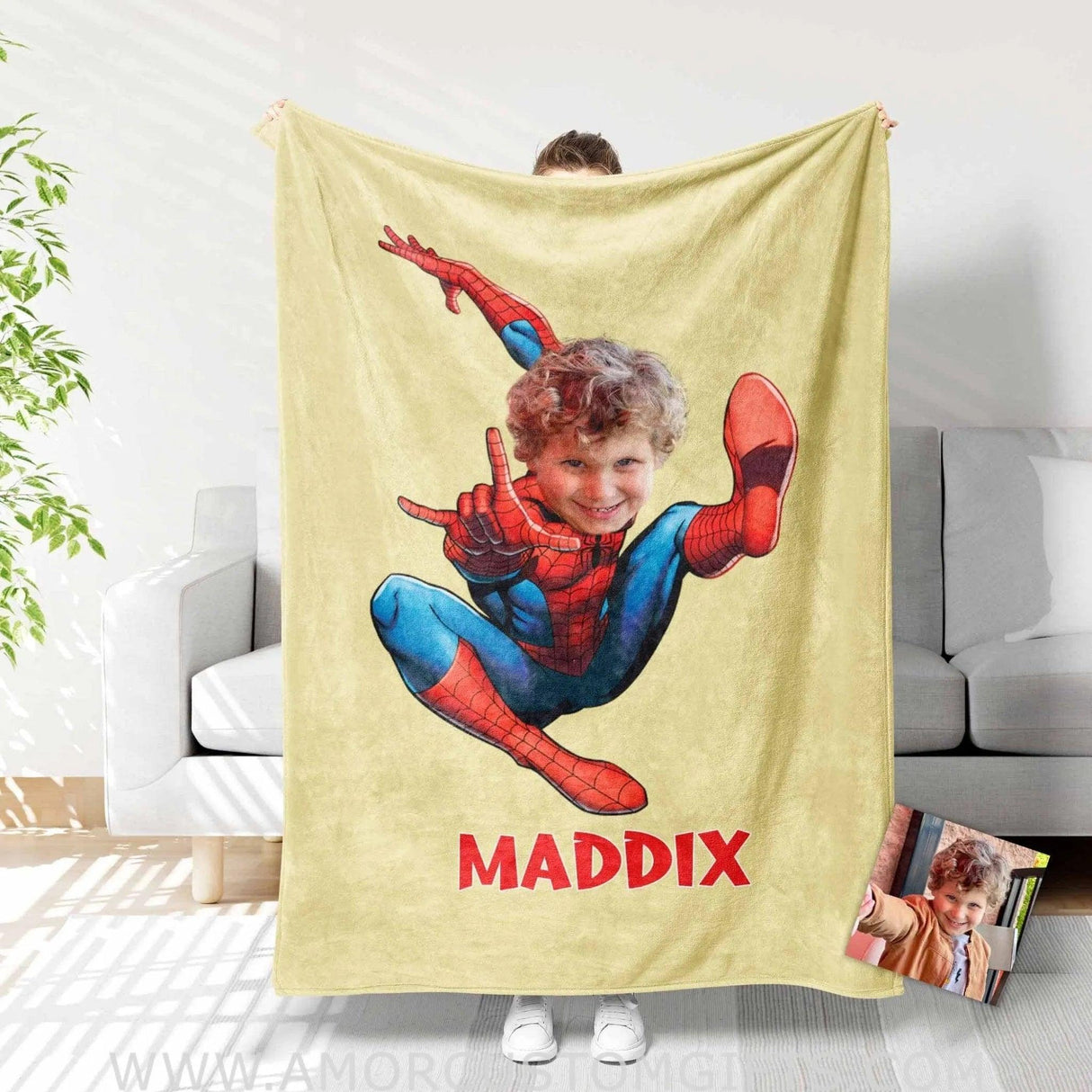 Blankets Personalized Superhero Spider Painting Yellow Boy Blanket | Custom Face & Name Blanket For Boys