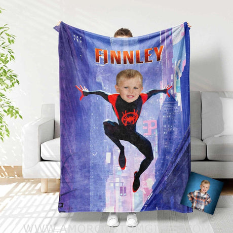 Blankets Personalized Superhero Spider Spin Miles In Violet City Blanket | Custom Face & Name Superhero Boy Blanket