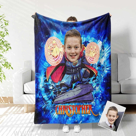 Blankets Personalized Superhero Stranger Blanket | Custom Face & Name Boy Superhero Photo Blanket