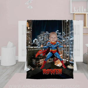 Blankets Personalized Superhero Super Boy In Tower Blanket | Custom Face & Name Superhero Boy Blanket