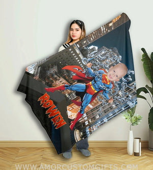 Blankets Personalized Superhero Super Boy In Tower Blanket | Custom Face & Name Superhero Boy Blanket