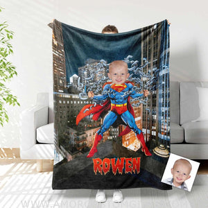 Blankets Personalized Superhero Super Boy In Tower Blanket | Custom Face & Name Superhero Boy Blanket