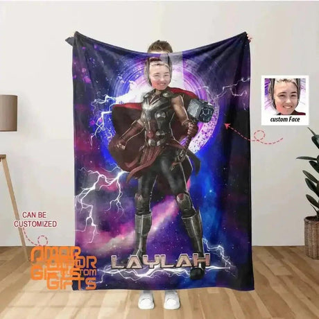 Blankets Personalized Superhero Thor Girl Blanket | Custom Face & Name Lady Thor Blanket