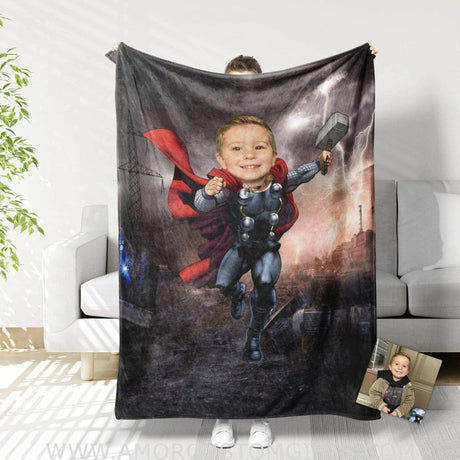 Blankets Personalized Superhero Thunder Thor 7 Boy Blanket | Custom Face & Name Blanket For Boys