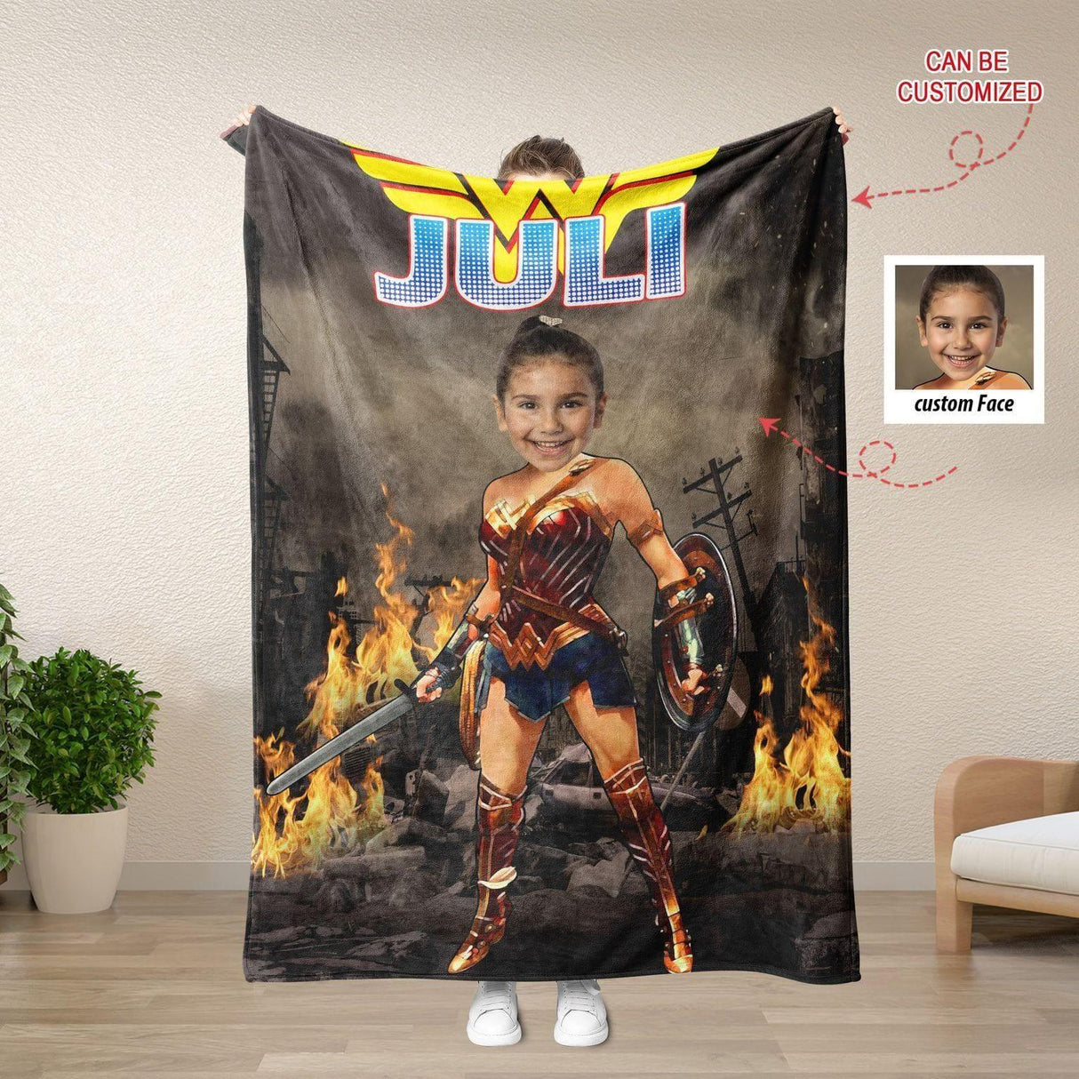 Blankets Personalized Superhero Wonder Girl Blanket | Custom Face & Name Wonder Woman Blanket