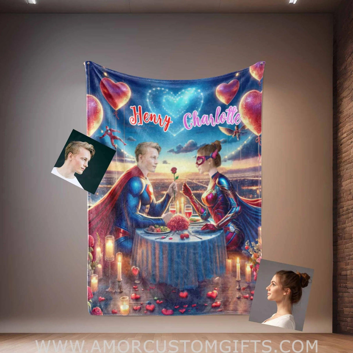 Blankets Personalized Superheroes Couple 1 Blanket | Custom Face & Name Man Woman Blanket