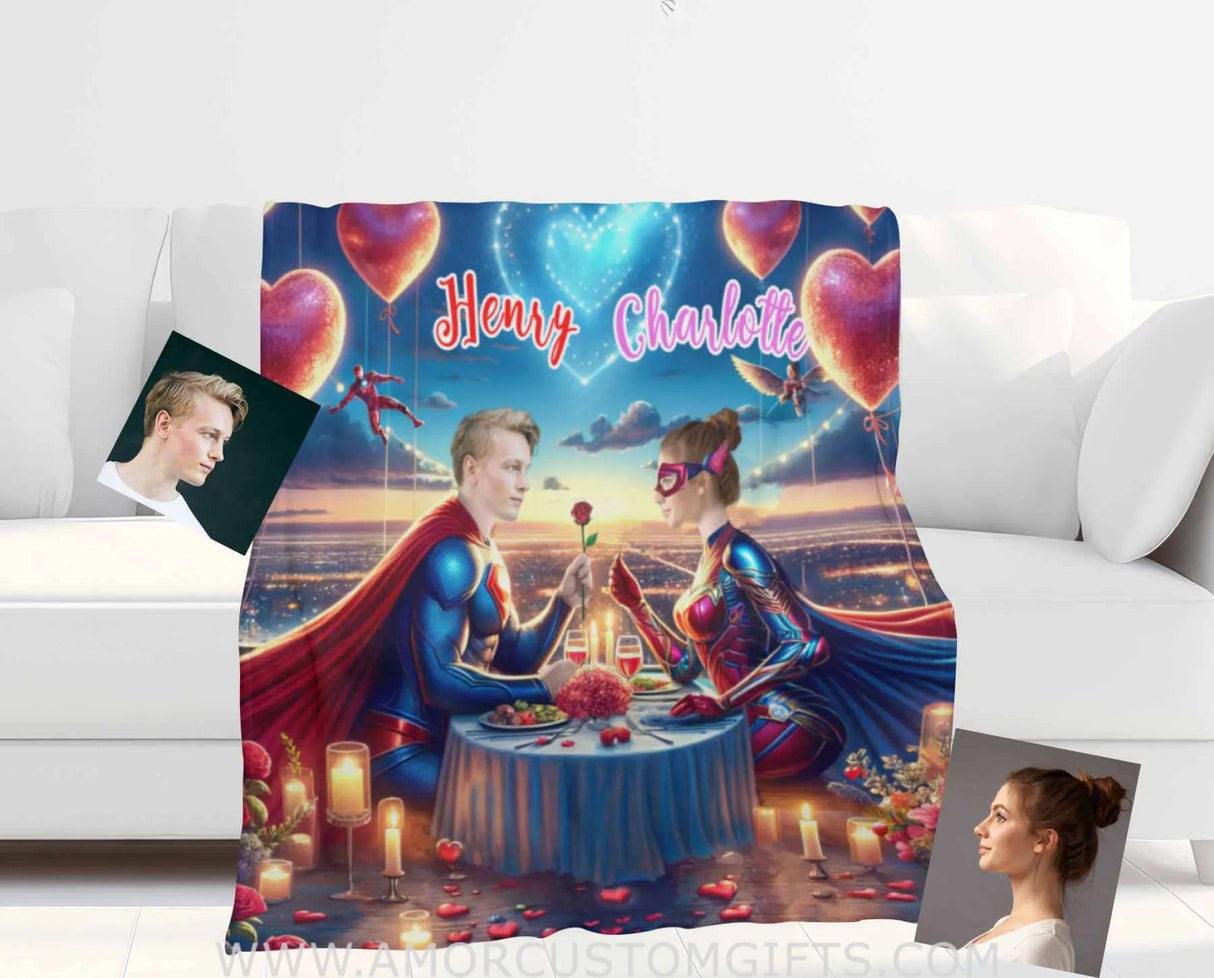 Blankets Personalized Superheroes Couple 1 Blanket | Custom Face & Name Man Woman Blanket