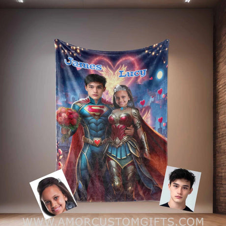 Blankets Personalized Superheroes Couple 2 Blanket | Custom Face & Name Couple Blanket