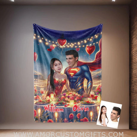 Blankets Personalized Superheroes Couple Love Party Blanket | Custom Face & Name Couple Blanket