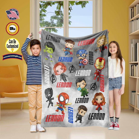 Blankets Personalized Superheroes Friends Chibi Blanket | Custom Name Superhero Chibi Blanket For Kids