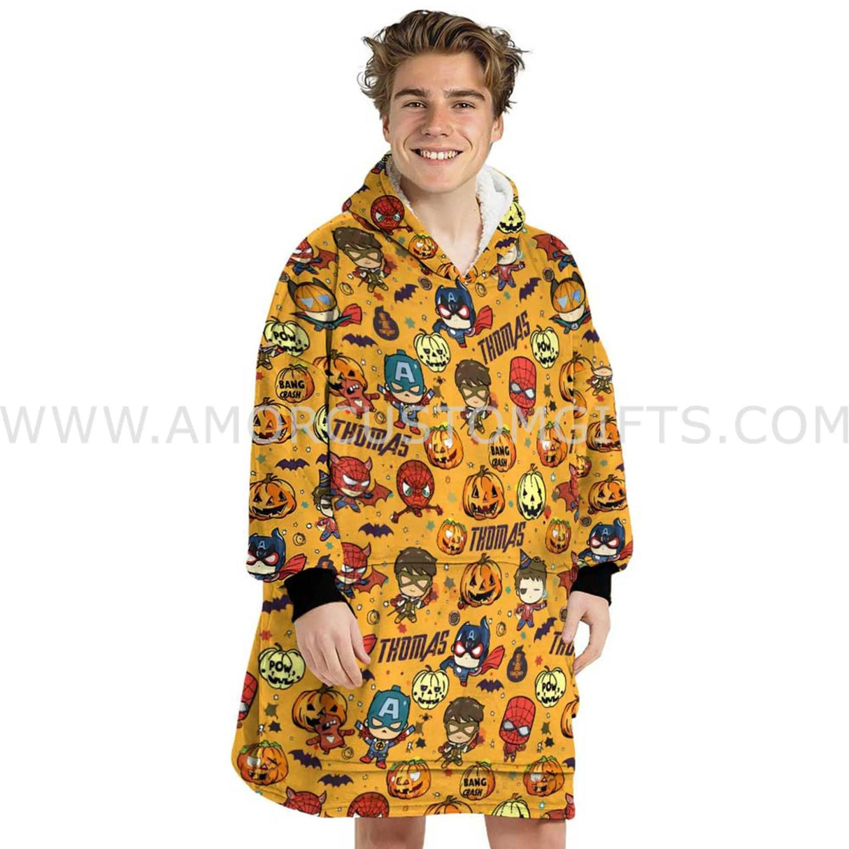 Personalized Superheroes Halloween Orange Snug Oversized Wearable Hoodie Blanket-Hoodie Blanket-Amor Custom Gifts