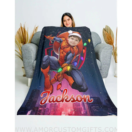 Blankets Personalized Superheroes Spider Boy Christmas Blanket | Custom Face & Name Superhero Blanket For Boys