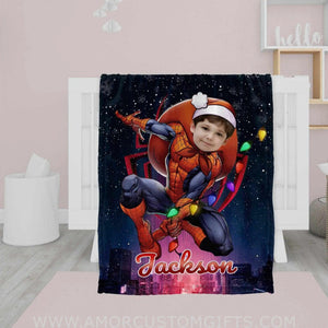 Blankets Personalized Superheroes Spider Boy Christmas Blanket | Custom Face & Name Superhero Blanket For Boys