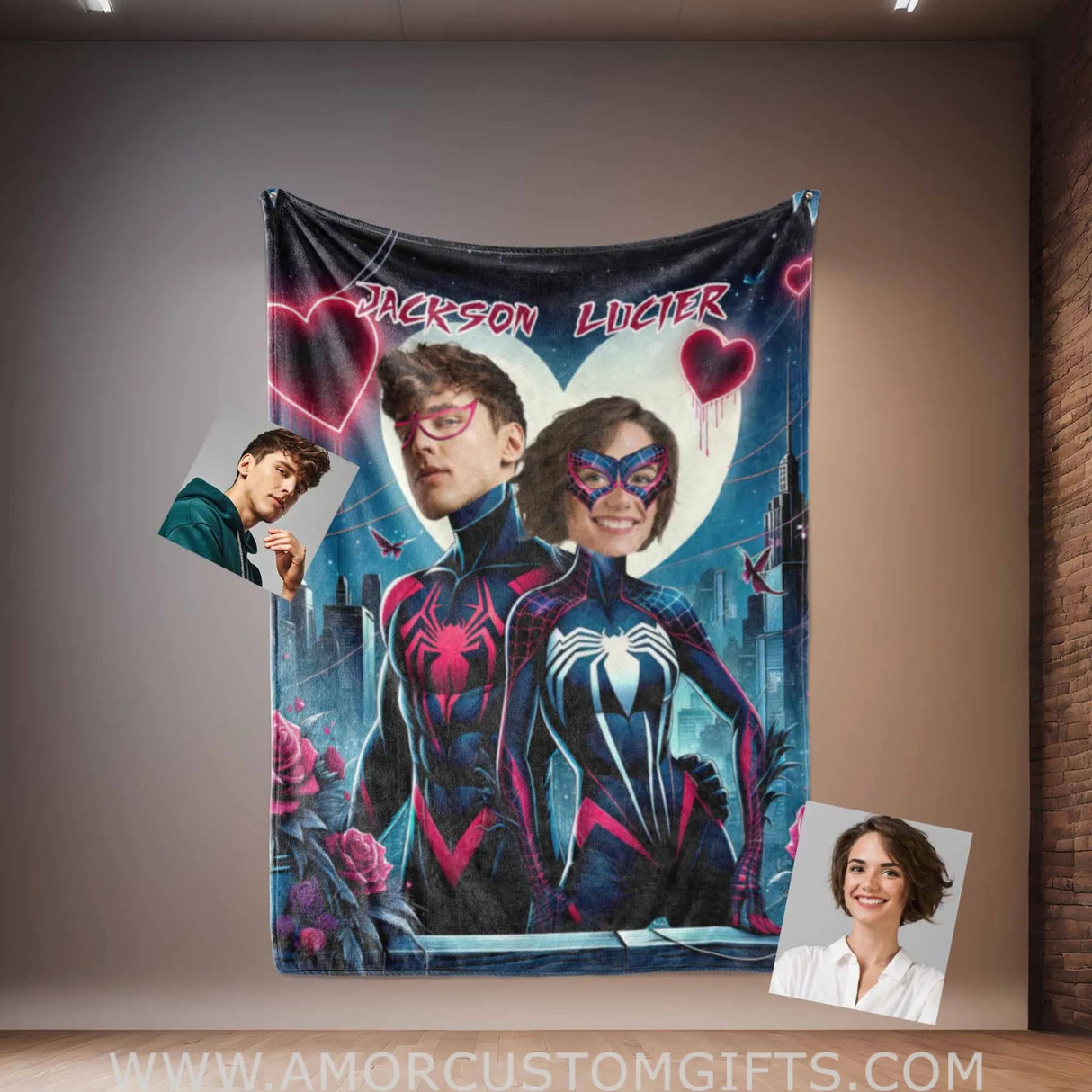 Blankets Personalized Superheroes Spiderman Couple 2 Blanket | Custom Face & Name Couple Blanket