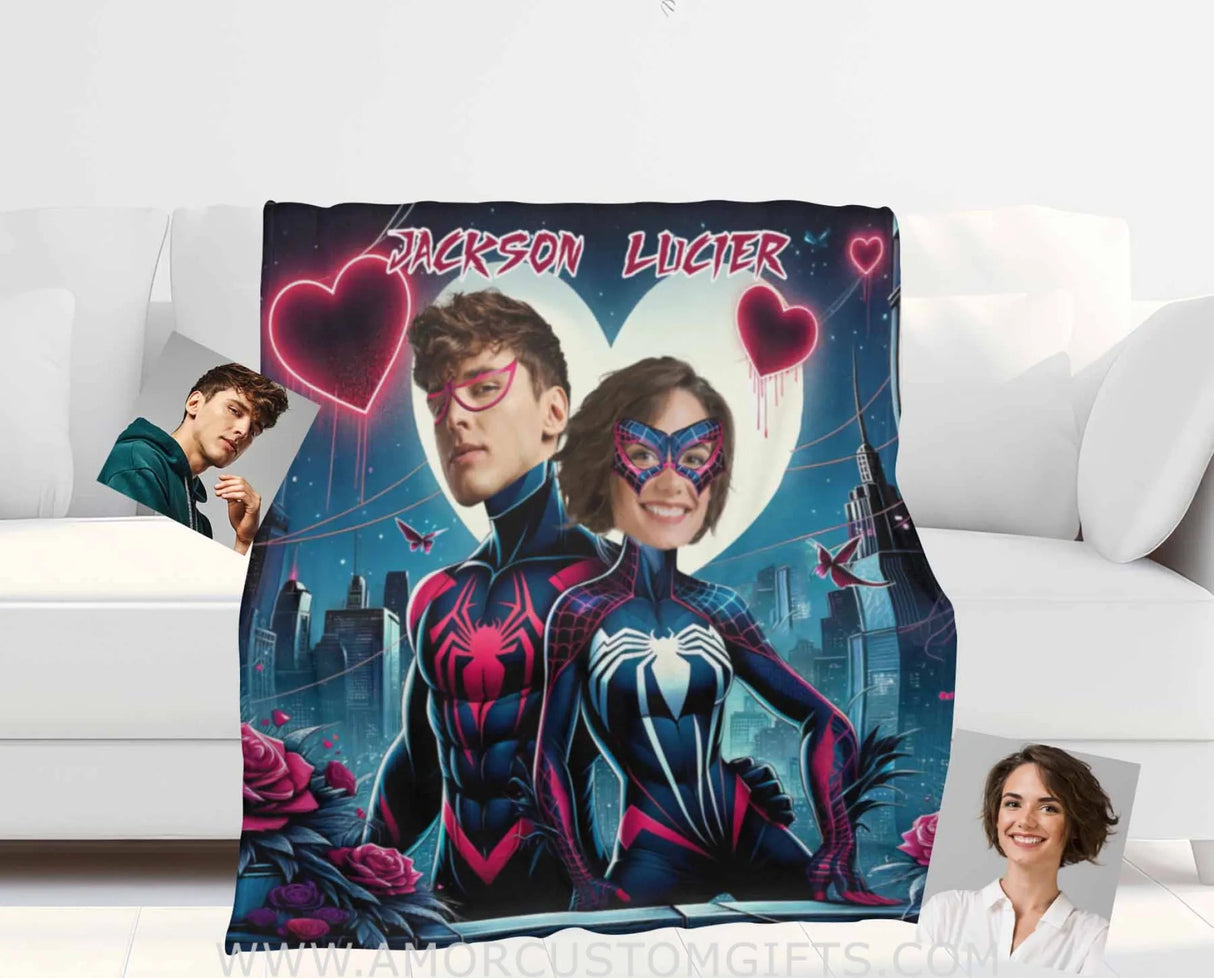 Blankets Personalized Superheroes Spiderman Couple 2 Blanket | Custom Face & Name Couple Blanket