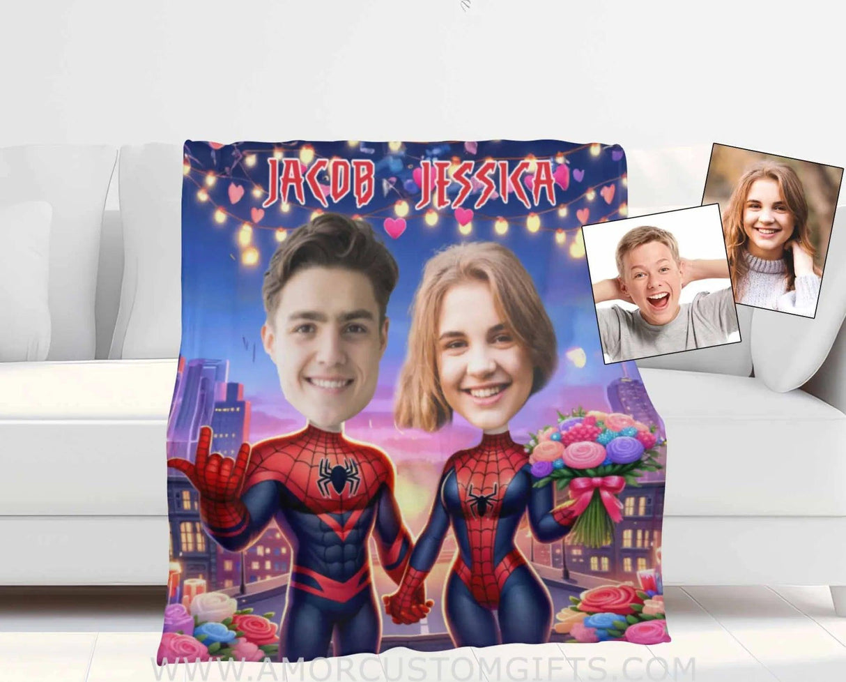 Blankets Personalized Superheroes Spiderman Couple 3 Blanket | Custom Face & Name Couple Blanket