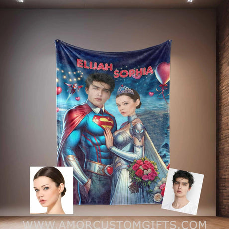 Blankets Personalized Superheroes Superman Couple 3 Blanket | Custom Face & Name Couple Blanket