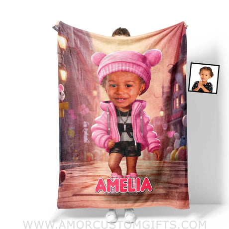 Blankets Personalized Surprise Doll Girl Blanket | Custom Name & Face Girl Blanket