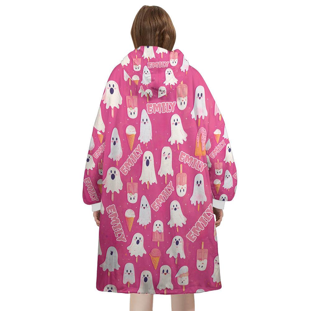 Personalized Sweet Pink Ghost Halloween Snug Oversized Wearable Hoodie Blanket-Hoodie Blanket-Amor Custom Gifts