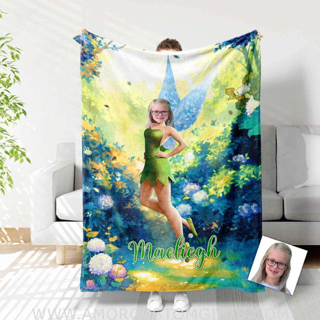 Blankets Personalized Tinker Bell Princess Girl Photo Blanket | Custom Name & Face Girl Blanket