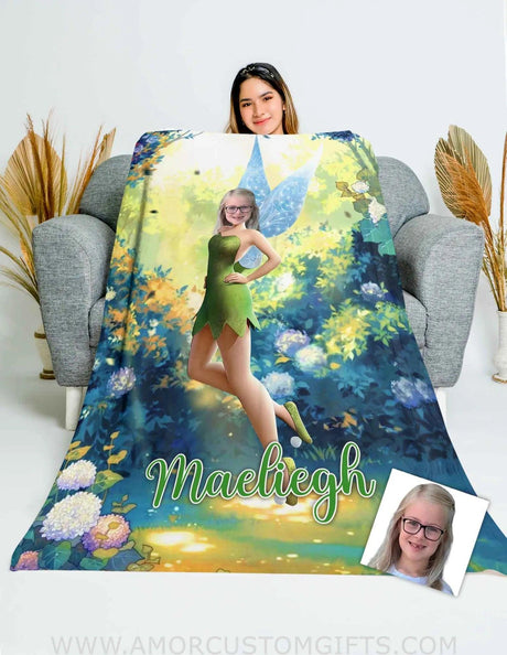 Blankets Personalized Tinker Bell Princess Girl Photo Blanket | Custom Name & Face Girl Blanket