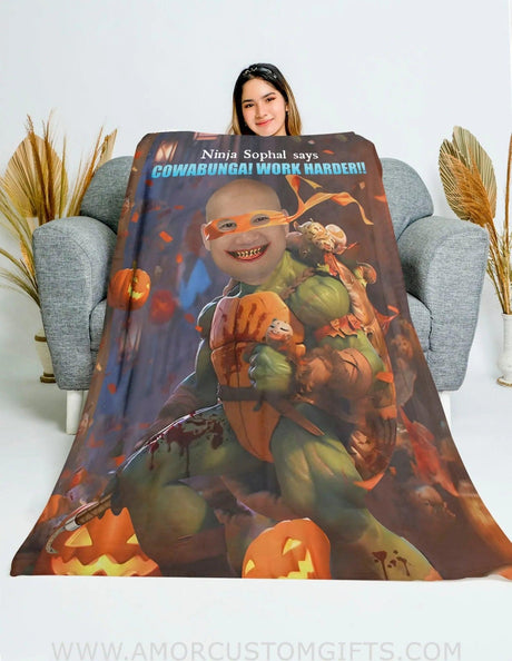 Blankets Personalized Turtle Ninja 3 Halloween Blanket | Custom Face & Name Halloween Boy Blanket